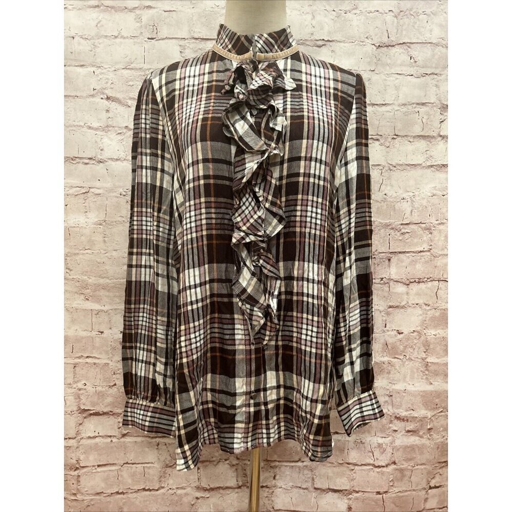 CHICO'S $99 Womens Ruffle Neck Plaid Blouse Top Size 0 / US Small NEW